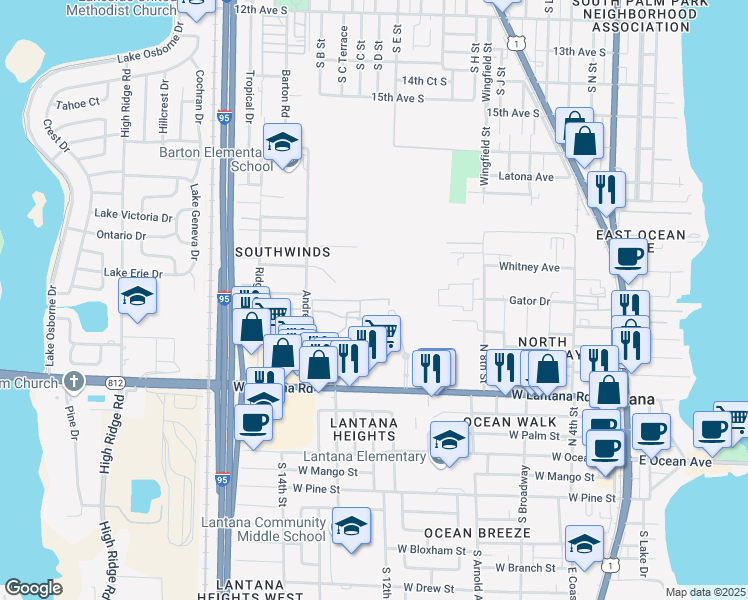 map of restaurants, bars, coffee shops, grocery stores, and more near 900 Water Tower Way in Lantana