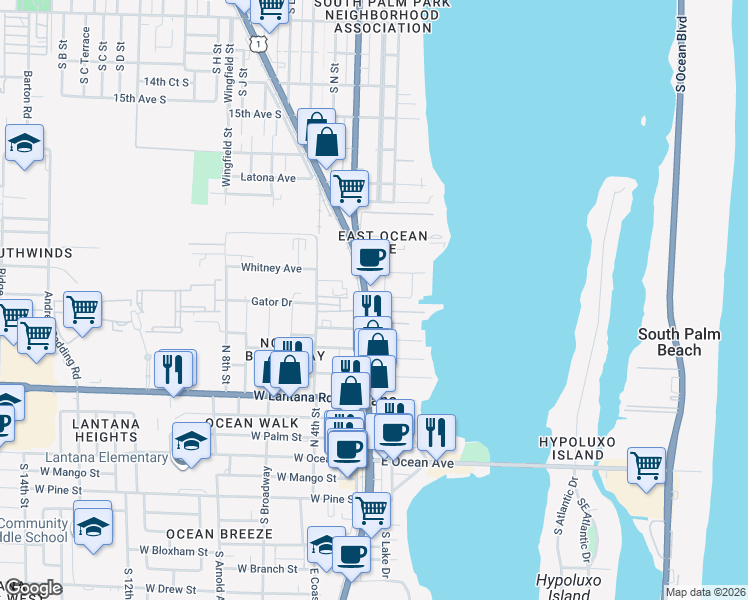map of restaurants, bars, coffee shops, grocery stores, and more near 136 Moorings Drive in Lantana