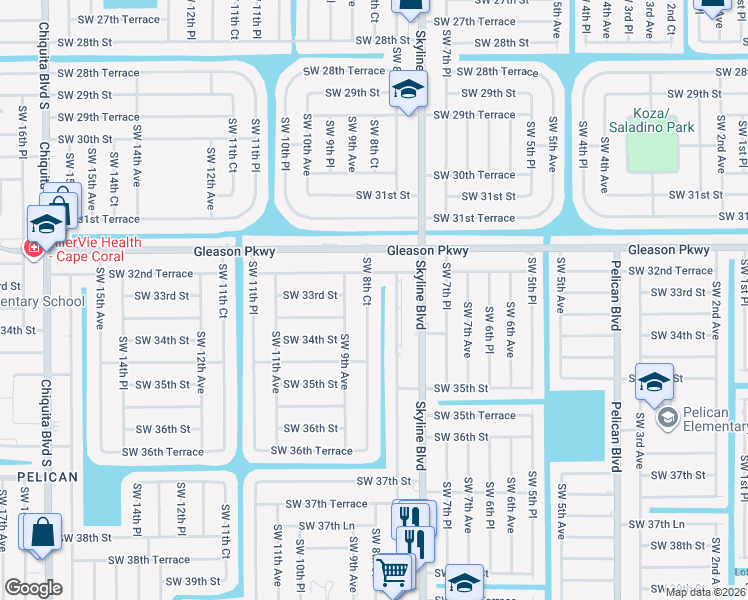 map of restaurants, bars, coffee shops, grocery stores, and more near 3303 Southwest 8th Court in Cape Coral