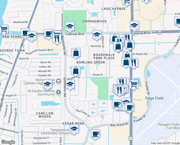 map of restaurants, bars, coffee shops, grocery stores, and more near 1639 South Drive in Fort Myers