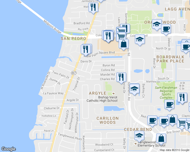 map of restaurants, bars, coffee shops, grocery stores, and more near 1420 Mandel Road in Fort Myers
