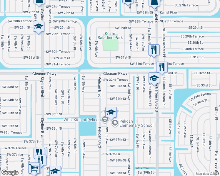 map of restaurants, bars, coffee shops, grocery stores, and more near 244 Southwest 33rd Street in Cape Coral