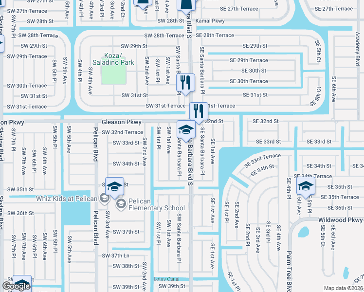 map of restaurants, bars, coffee shops, grocery stores, and more near 3235 Southwest Santa Barbara Place in Cape Coral