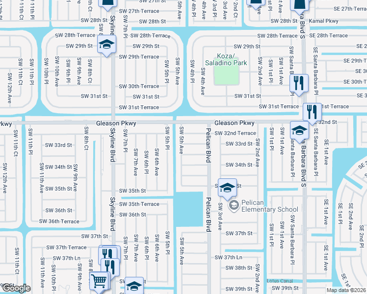 map of restaurants, bars, coffee shops, grocery stores, and more near 432 Southwest 33rd Street in Cape Coral