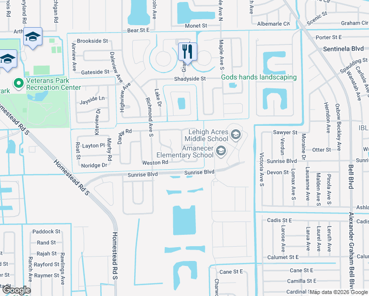 map of restaurants, bars, coffee shops, grocery stores, and more near 622 Weston Road in Lehigh Acres