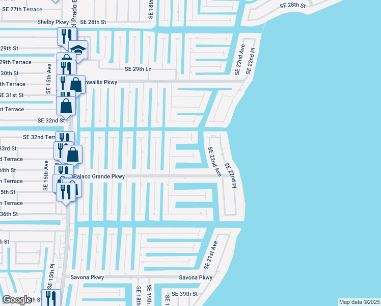 map of restaurants, bars, coffee shops, grocery stores, and more near 1921 Southeast 33rd Terrace in Cape Coral