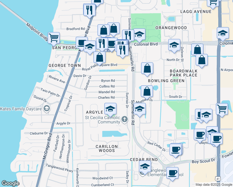 map of restaurants, bars, coffee shops, grocery stores, and more near 1450 Mandel Road in Fort Myers