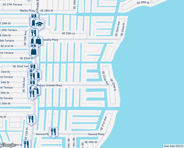 map of restaurants, bars, coffee shops, grocery stores, and more near 1921 Southeast 33rd Terrace in Cape Coral