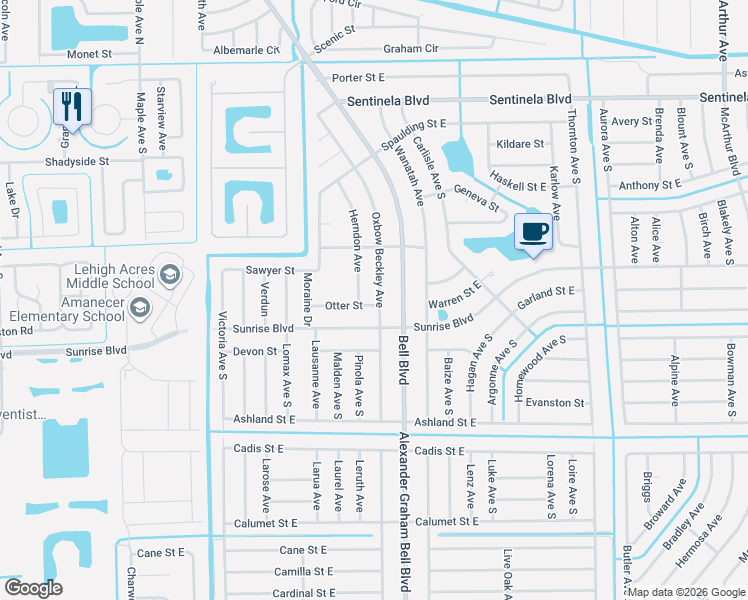 map of restaurants, bars, coffee shops, grocery stores, and more near 188 Oxbow Beckley Avenue in Lehigh Acres