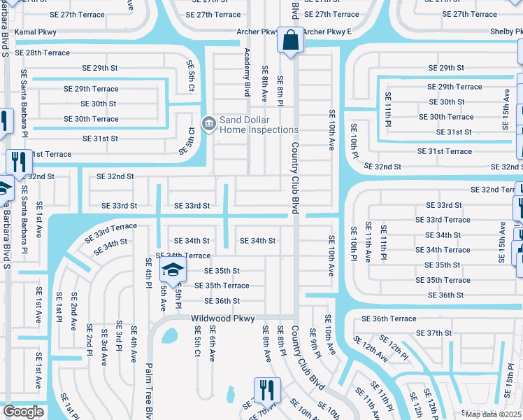 map of restaurants, bars, coffee shops, grocery stores, and more near 710 Southeast 33rd Street in Cape Coral