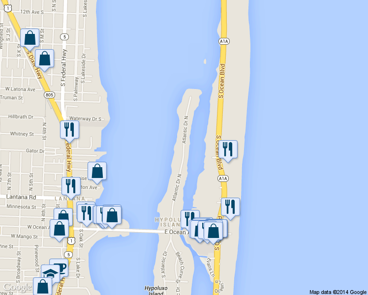 map of restaurants, bars, coffee shops, grocery stores, and more near 820 North Atlantic Drive in Lantana