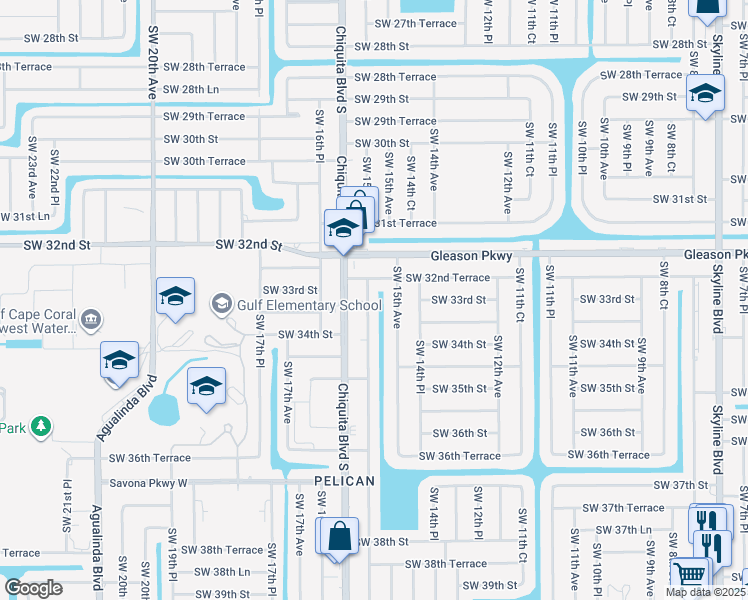 map of restaurants, bars, coffee shops, grocery stores, and more near 3302 Southwest 15th Avenue in Cape Coral