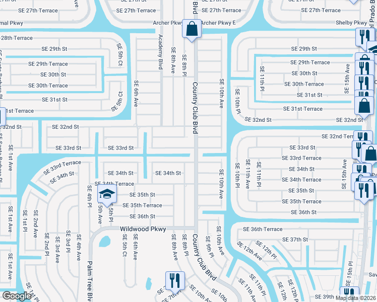 map of restaurants, bars, coffee shops, grocery stores, and more near 818 Southeast 33rd Street in Cape Coral