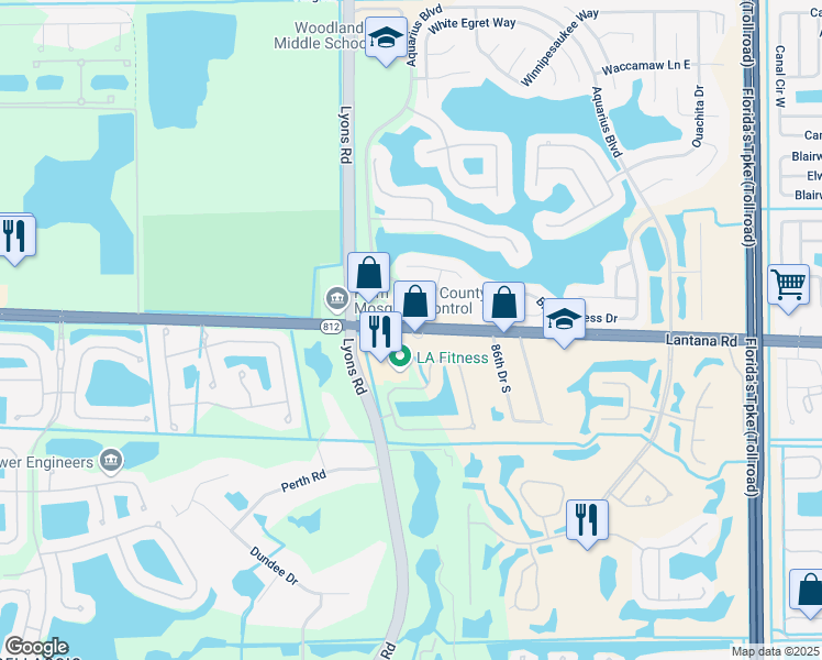map of restaurants, bars, coffee shops, grocery stores, and more near Lantana Rd & Aquarius Blvd in Lake Worth