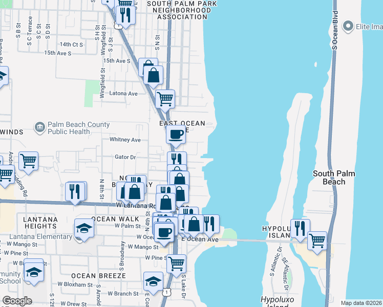 map of restaurants, bars, coffee shops, grocery stores, and more near 366 Moorings Drive in Lantana