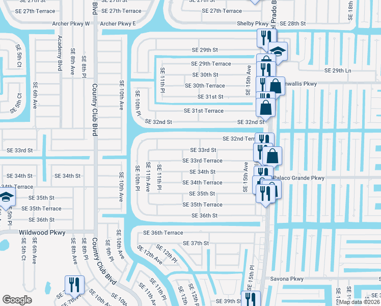 map of restaurants, bars, coffee shops, grocery stores, and more near 1210 Southeast 33rd Street in Cape Coral
