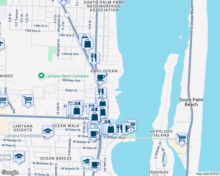 map of restaurants, bars, coffee shops, grocery stores, and more near 366 Moorings Drive in Lantana