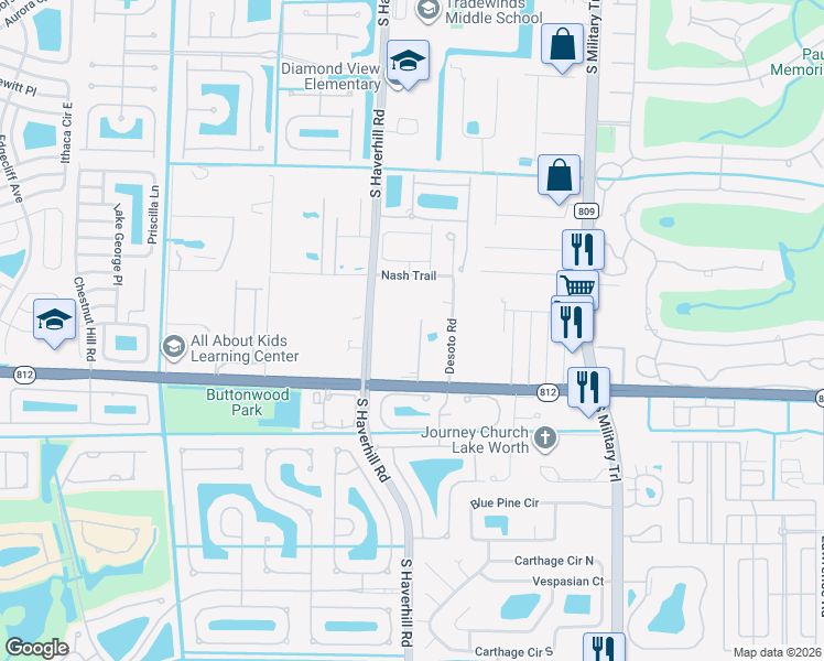 map of restaurants, bars, coffee shops, grocery stores, and more near 5857 Desoto Road in Lake Worth