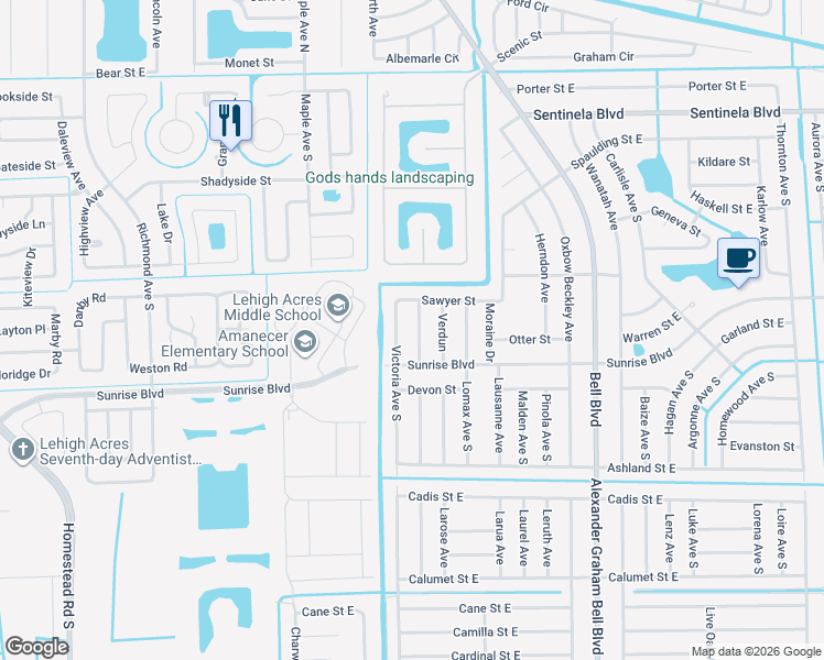 map of restaurants, bars, coffee shops, grocery stores, and more near 186 Castle Avenue South in Lehigh Acres