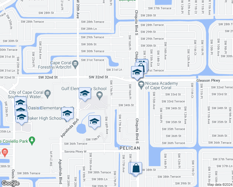 map of restaurants, bars, coffee shops, grocery stores, and more near 1714 Southwest 33rd Terrace in Cape Coral