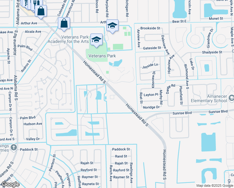 map of restaurants, bars, coffee shops, grocery stores, and more near Homestead Road South in Lehigh Acres