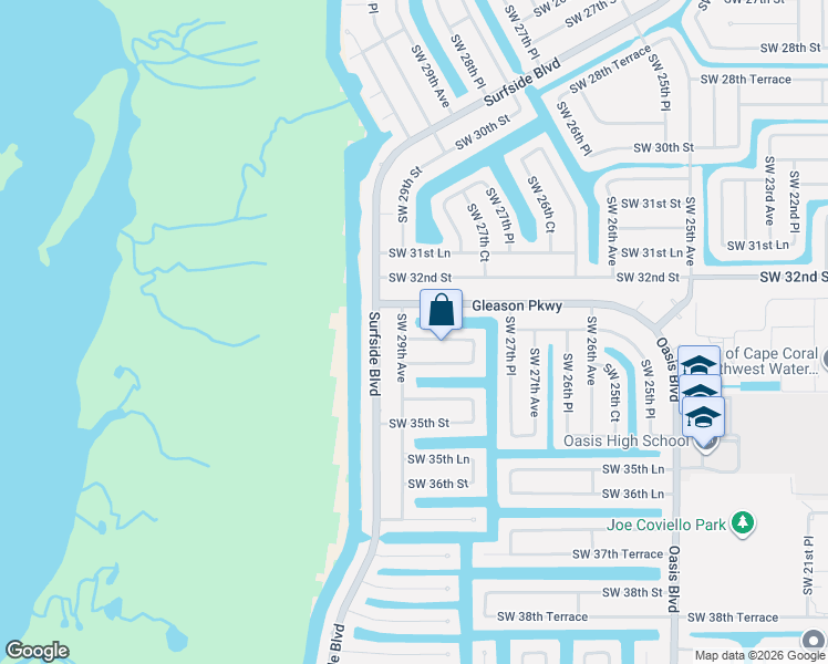 map of restaurants, bars, coffee shops, grocery stores, and more near 2826 Southwest 33rd Street in Cape Coral
