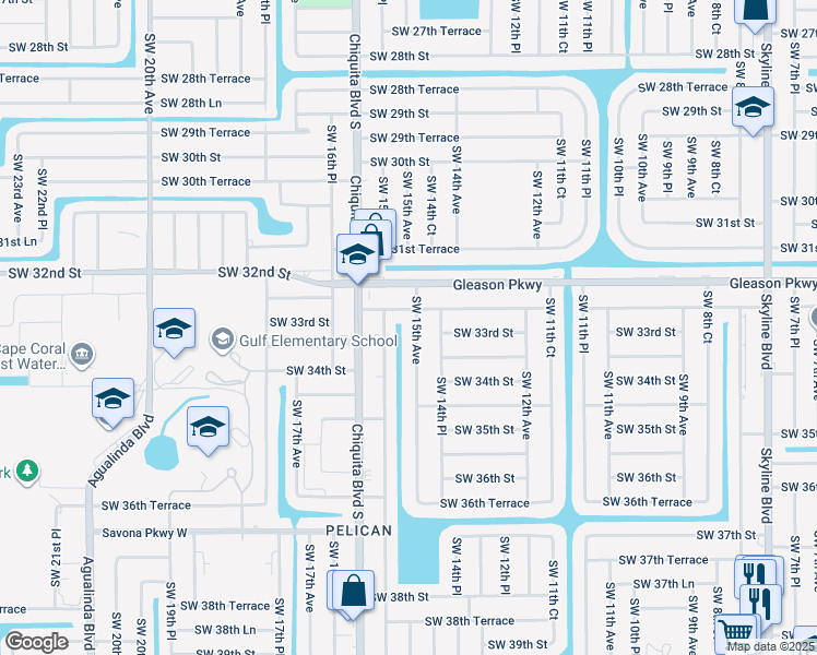 map of restaurants, bars, coffee shops, grocery stores, and more near 3302 Southwest 15th Avenue in Cape Coral