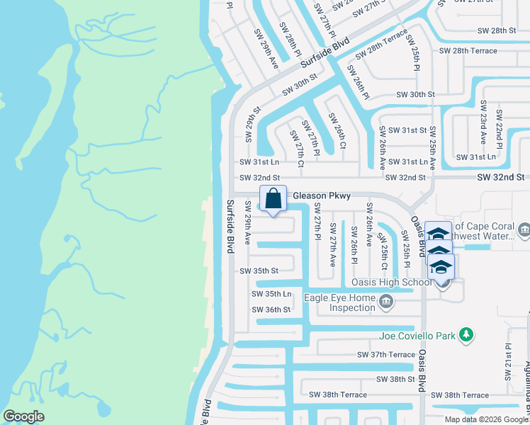 map of restaurants, bars, coffee shops, grocery stores, and more near 2826 Southwest 33rd Street in Cape Coral