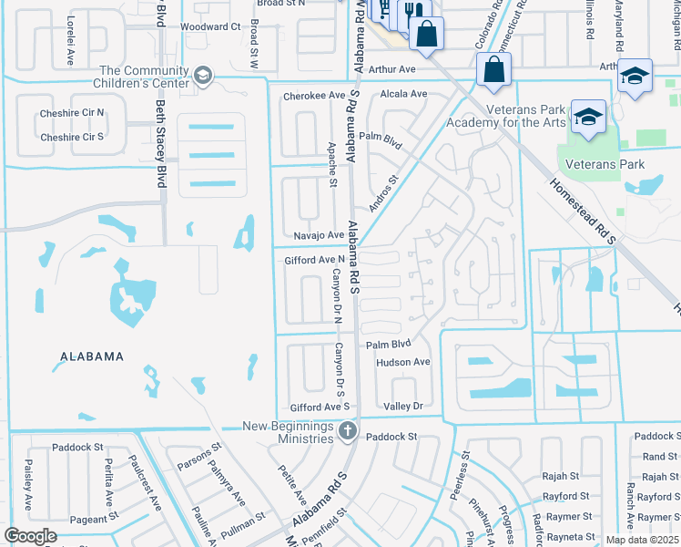 map of restaurants, bars, coffee shops, grocery stores, and more near 304 Canyon Drive North in Lehigh Acres