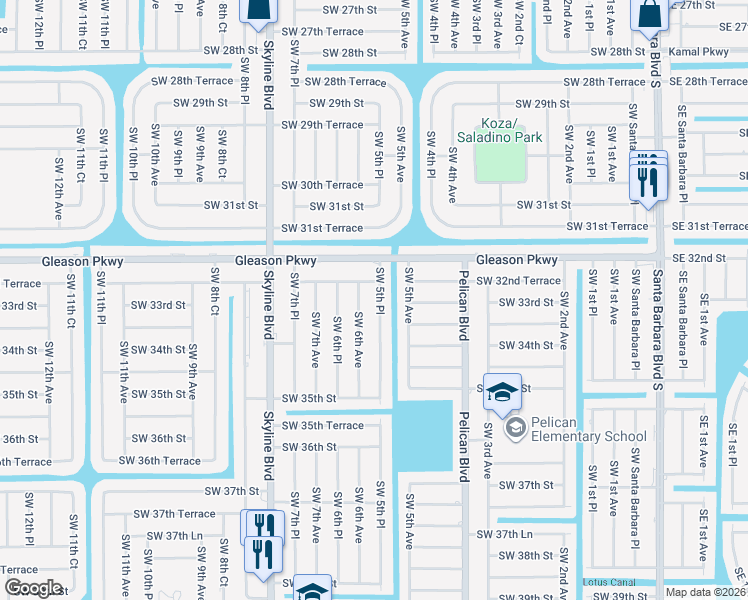 map of restaurants, bars, coffee shops, grocery stores, and more near 3305 Southwest 6th Avenue in Cape Coral