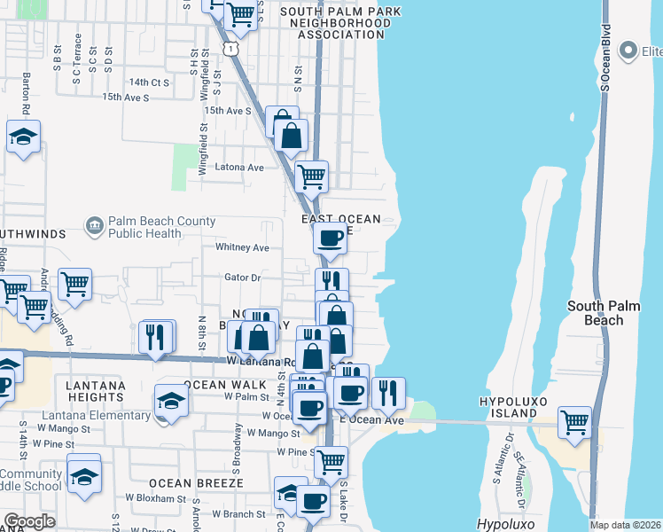 map of restaurants, bars, coffee shops, grocery stores, and more near 800 North Dixie Highway in Lantana