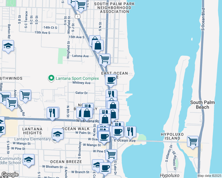 map of restaurants, bars, coffee shops, grocery stores, and more near 890 North Federal Highway in Lantana