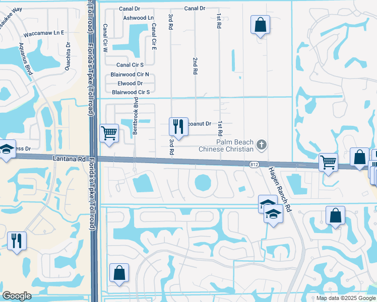 map of restaurants, bars, coffee shops, grocery stores, and more near 7581 Lantana Road in Lake Worth