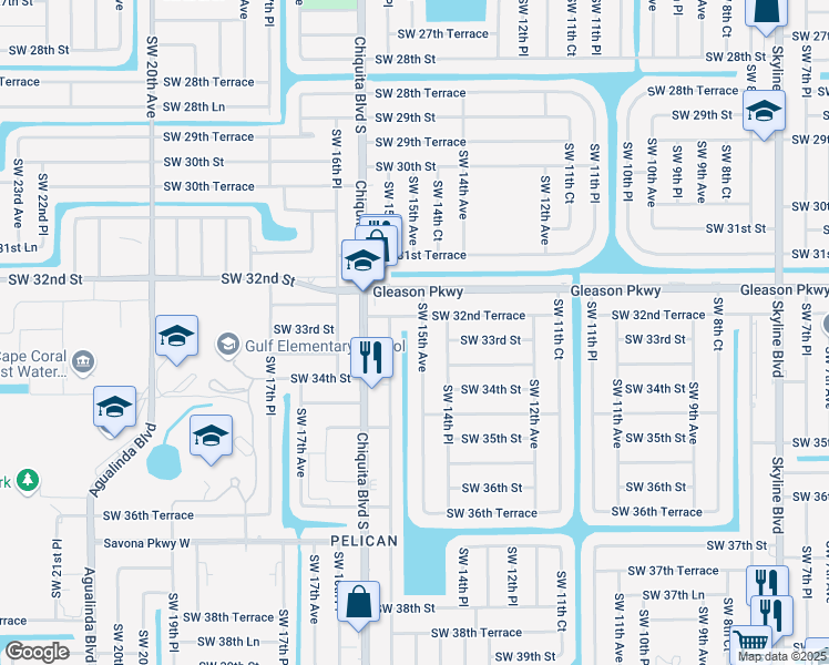 map of restaurants, bars, coffee shops, grocery stores, and more near 3302 Southwest 15th Avenue in Cape Coral