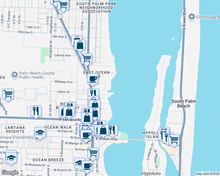 map of restaurants, bars, coffee shops, grocery stores, and more near 50 East View Street in Lantana
