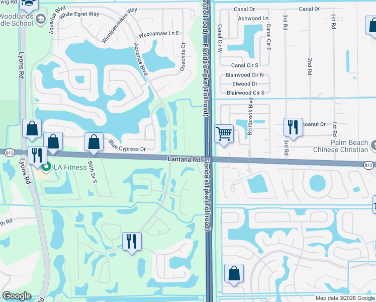 map of restaurants, bars, coffee shops, grocery stores, and more near 5762 Adair Way in Lake Worth