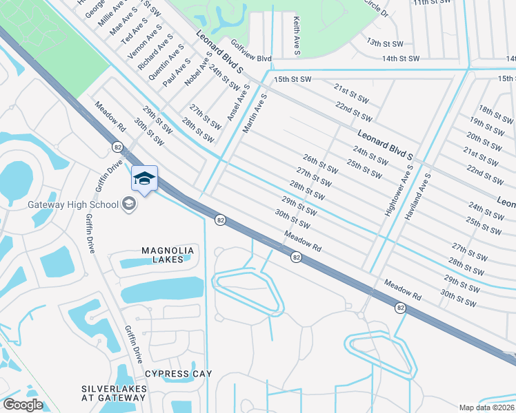 map of restaurants, bars, coffee shops, grocery stores, and more near 744 Meadow Road in Lehigh Acres