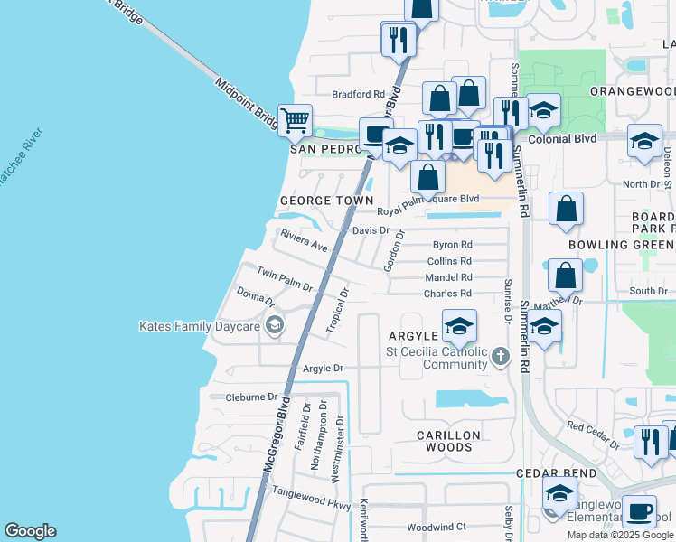 map of restaurants, bars, coffee shops, grocery stores, and more near 1412 Fountain Avenue in Fort Myers