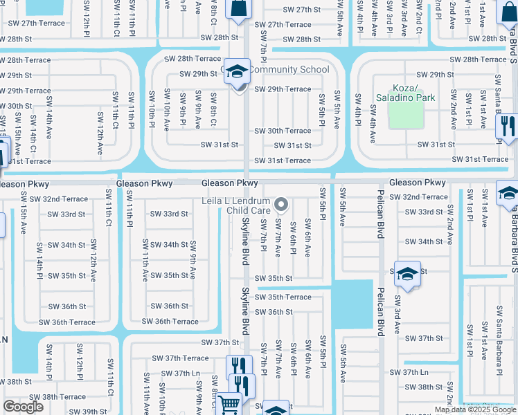 map of restaurants, bars, coffee shops, grocery stores, and more near 3306 Southwest 7th Place in Cape Coral