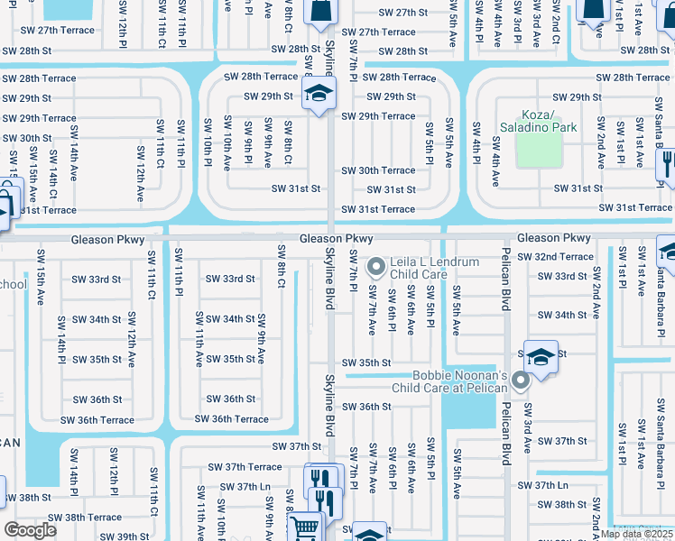 map of restaurants, bars, coffee shops, grocery stores, and more near 3306 Southwest 7th Place in Cape Coral