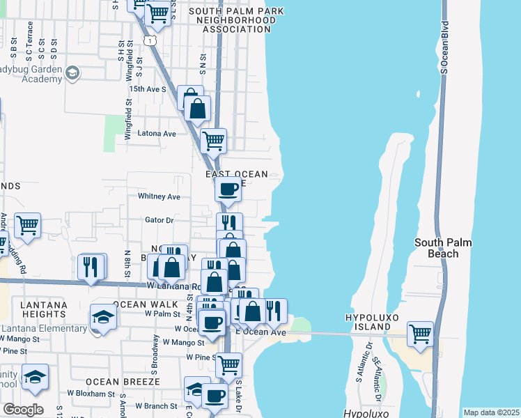 map of restaurants, bars, coffee shops, grocery stores, and more near 366 Moorings Drive in Lantana