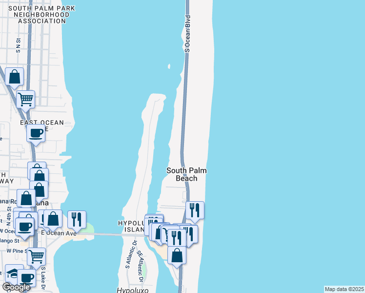 map of restaurants, bars, coffee shops, grocery stores, and more near 3546 South Ocean Boulevard in South Palm Beach