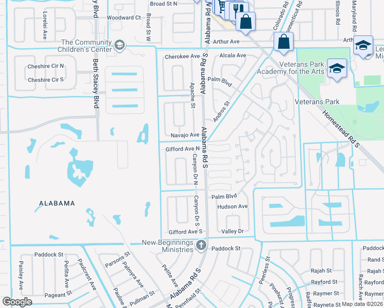 map of restaurants, bars, coffee shops, grocery stores, and more near 308 Canyon Drive North in Lehigh Acres