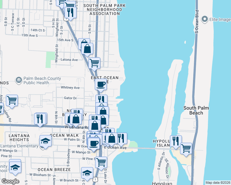 map of restaurants, bars, coffee shops, grocery stores, and more near 366 Moorings Drive in Lantana