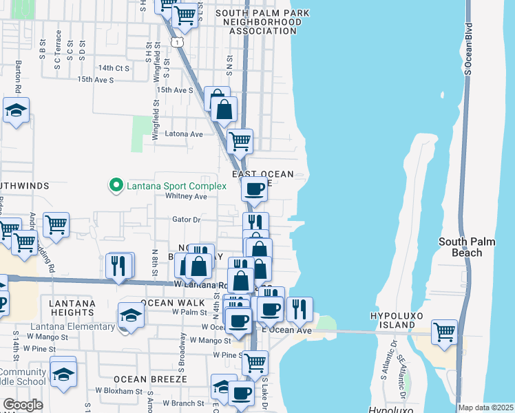 map of restaurants, bars, coffee shops, grocery stores, and more near 802 West Windward Way in Lake Worth