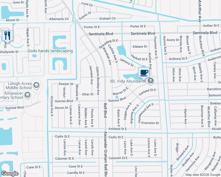 map of restaurants, bars, coffee shops, grocery stores, and more near 186 Wanatah Avenue in Lehigh Acres
