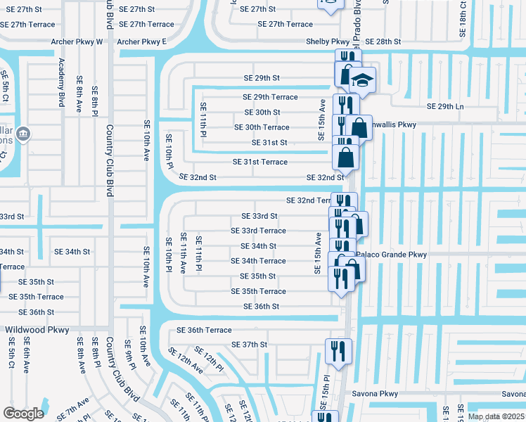 map of restaurants, bars, coffee shops, grocery stores, and more near 1319 Southeast 33rd Terrace in Cape Coral