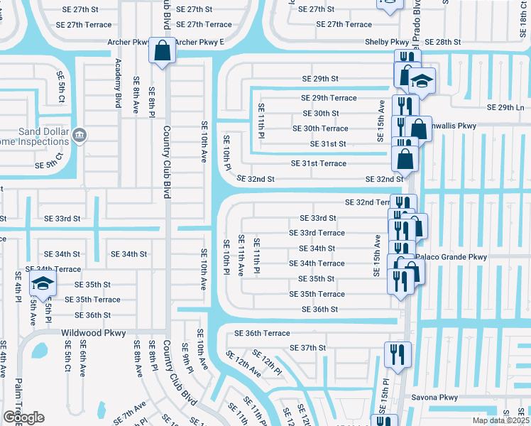 map of restaurants, bars, coffee shops, grocery stores, and more near 1113 Southeast 33rd Terrace in Cape Coral
