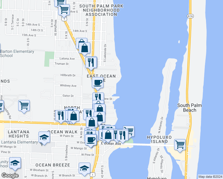 map of restaurants, bars, coffee shops, grocery stores, and more near 846 North Dixie Highway in Lantana