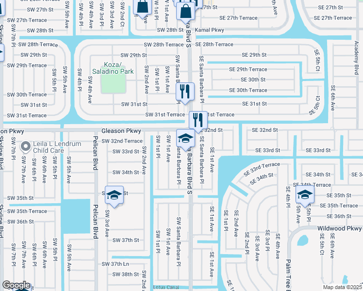 map of restaurants, bars, coffee shops, grocery stores, and more near 3206 Santa Barbara Boulevard in Cape Coral